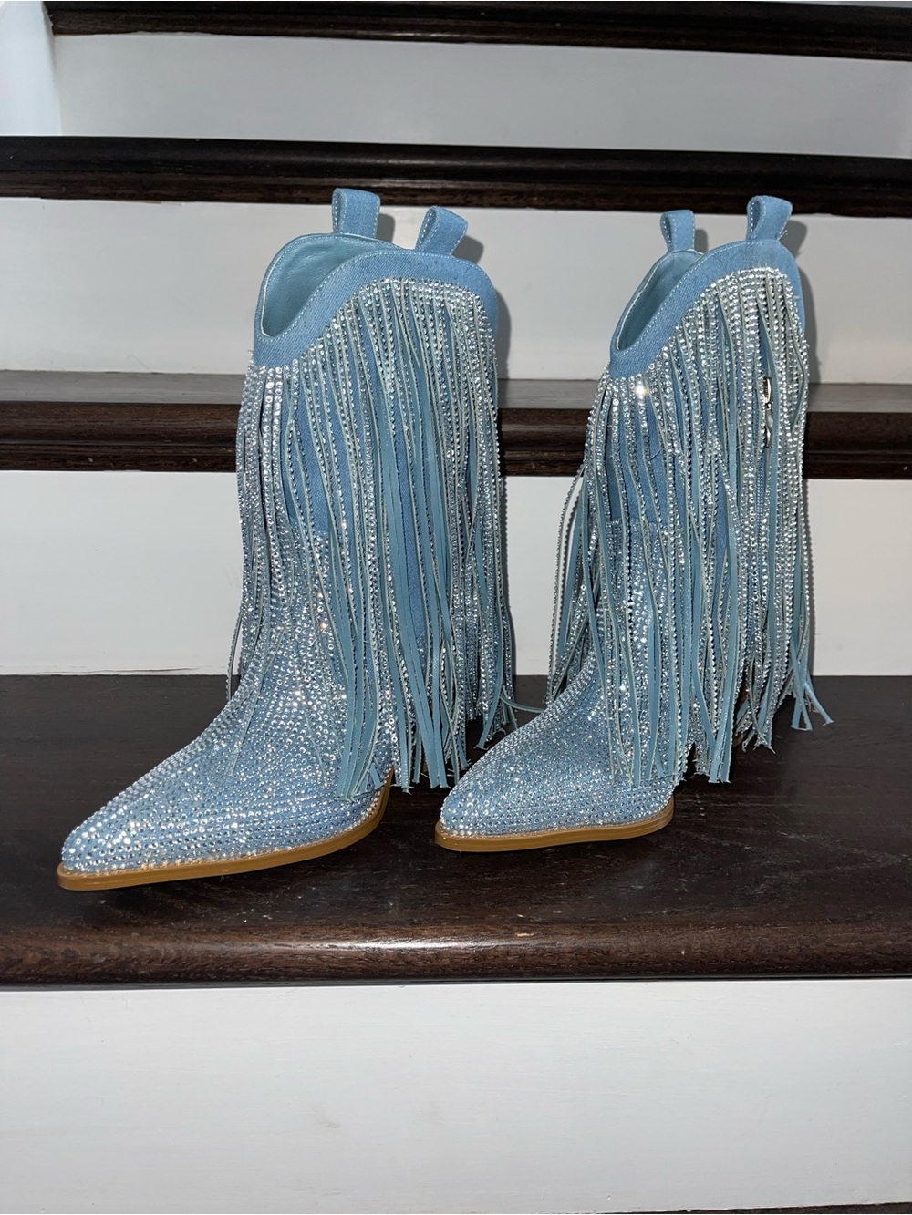 NWOB - Light Blue Crystal Fringe Western Boot - Women